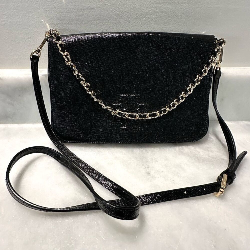 Tory Burch Magnetic Leather Chain Link Adjustable Black Crossbody Bag One Size